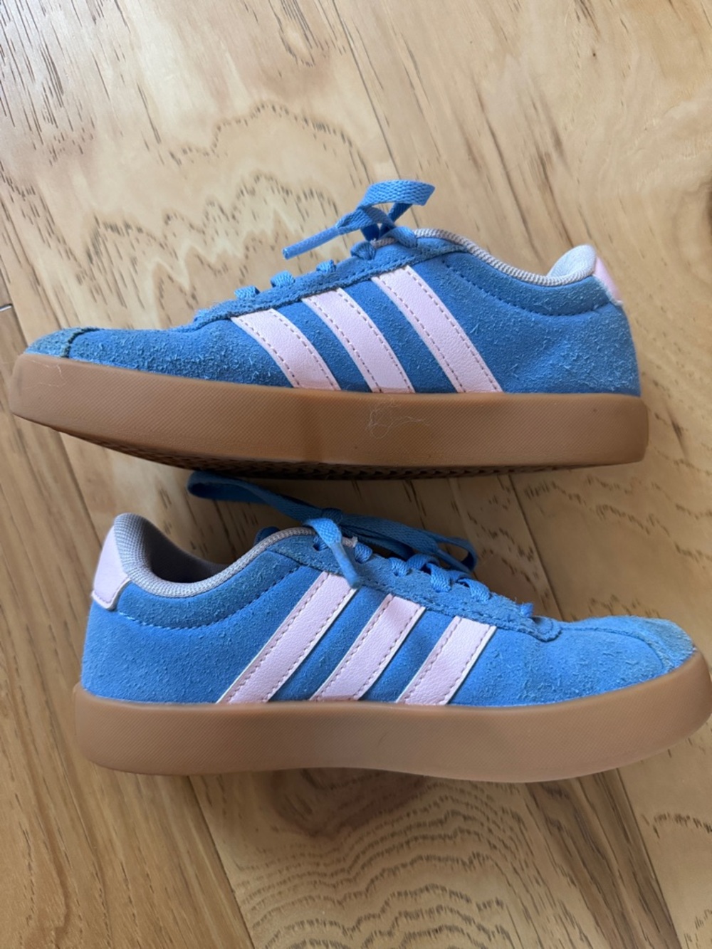 Adidas Blue Suede Sneakers with Pink Stripes